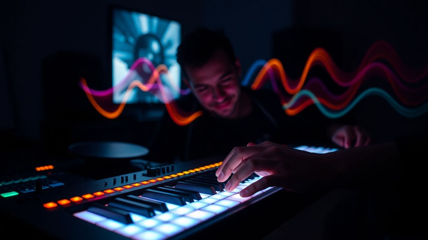 Producer using AI synthesizer with sound waves.