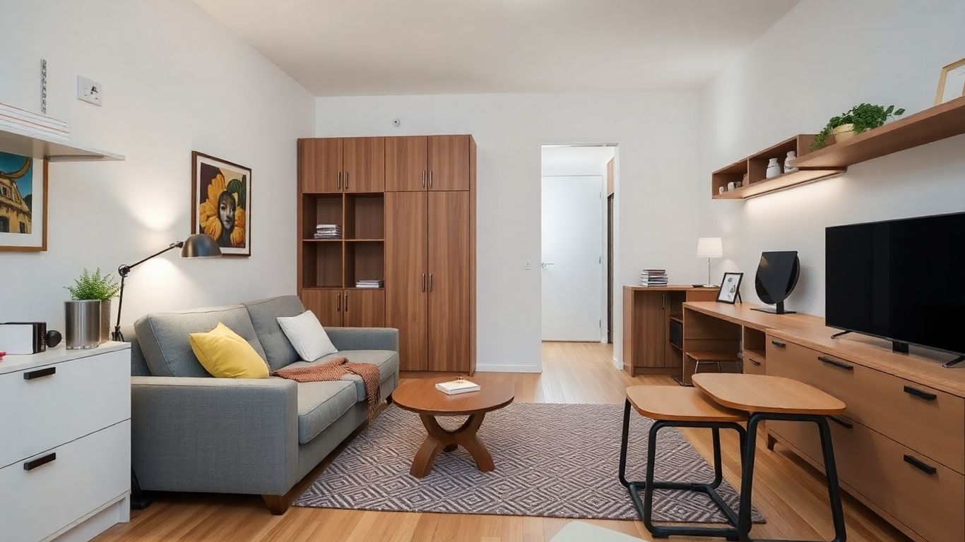 Mobilier multifuncțional într-o garsonieră transformată.