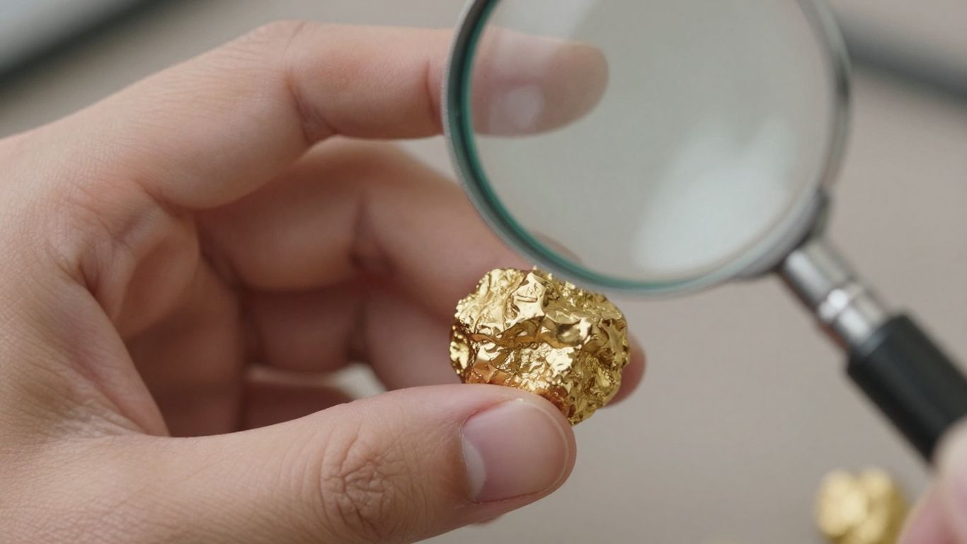 一隻金色的手正用放大鏡觀察一塊金塊。