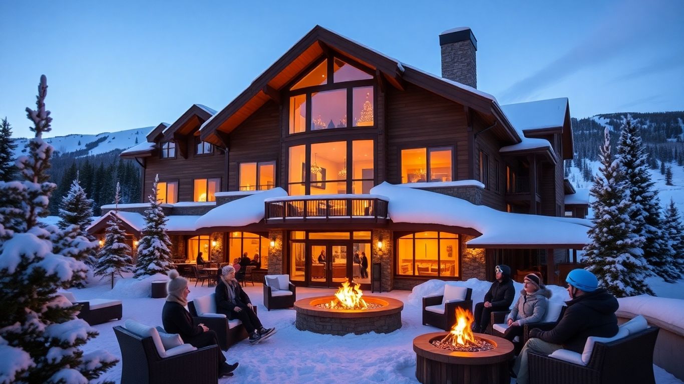 Luxury Aspen ski lodge with snow, pine trees, fire pit.