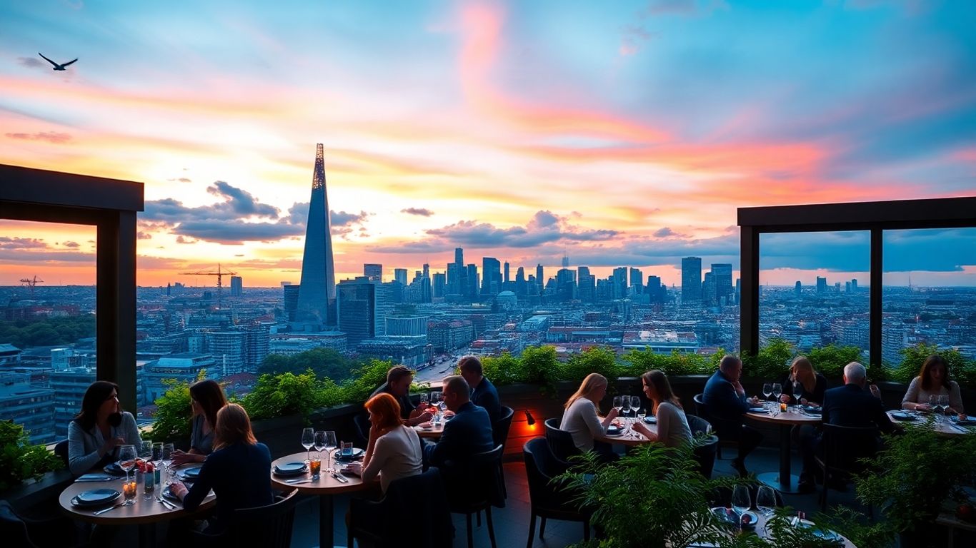 Restaurant diners overlooking London skyline at sunset