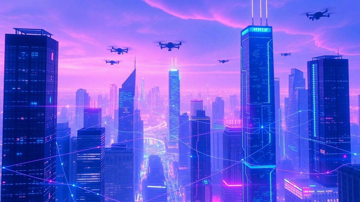 Futuristic city with data streams and AI networks.