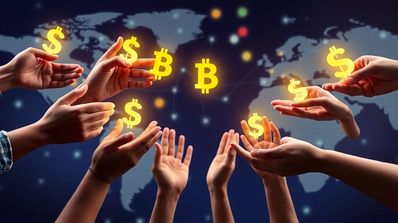 Global hands exchanging digital currency, symbolizing BRICS payment system progress.