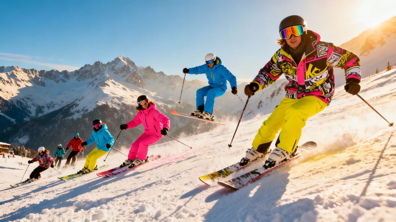 Stylish skiers on a snowy mountain slope.