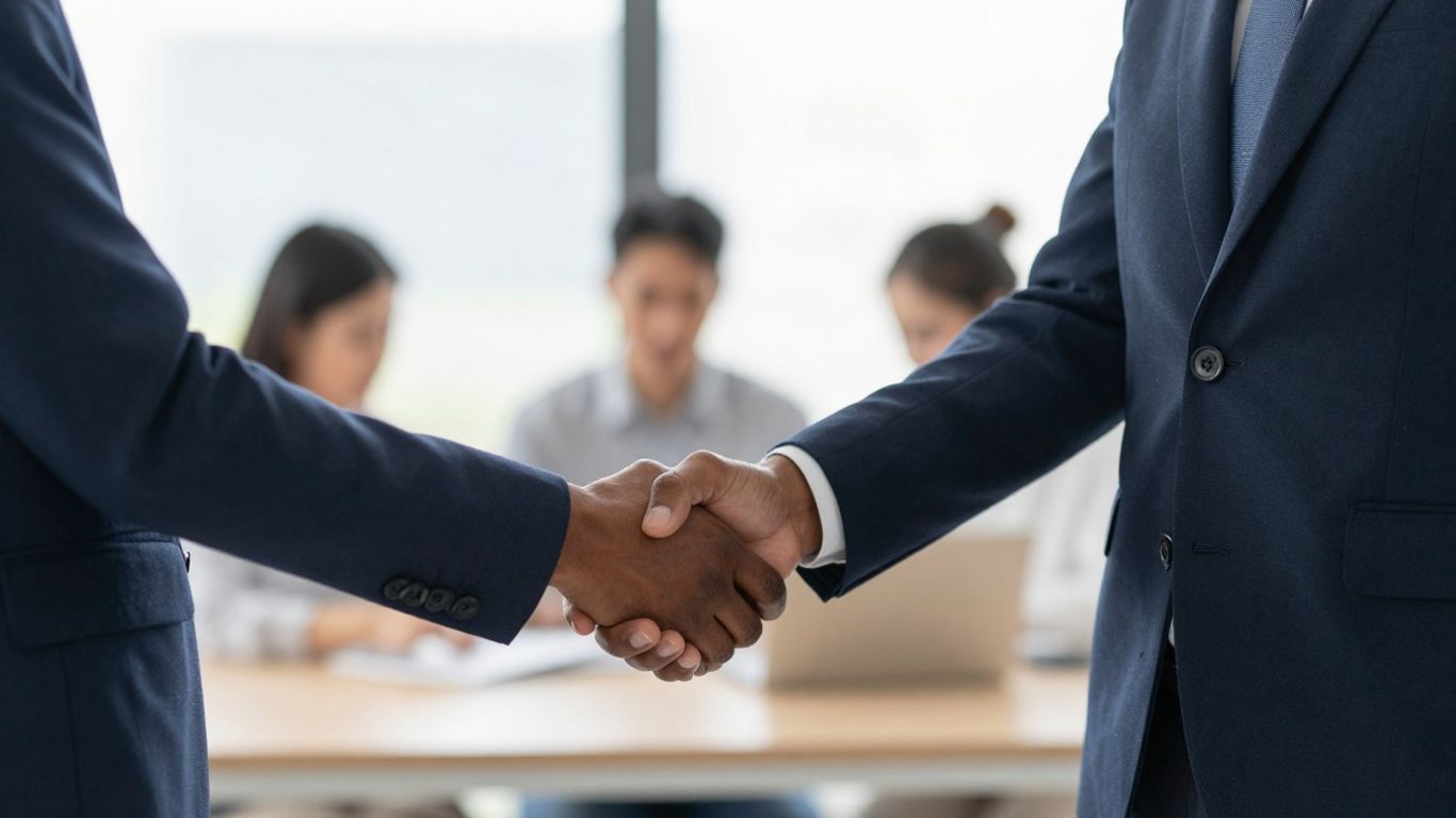 Handshake between two professionals in an office.