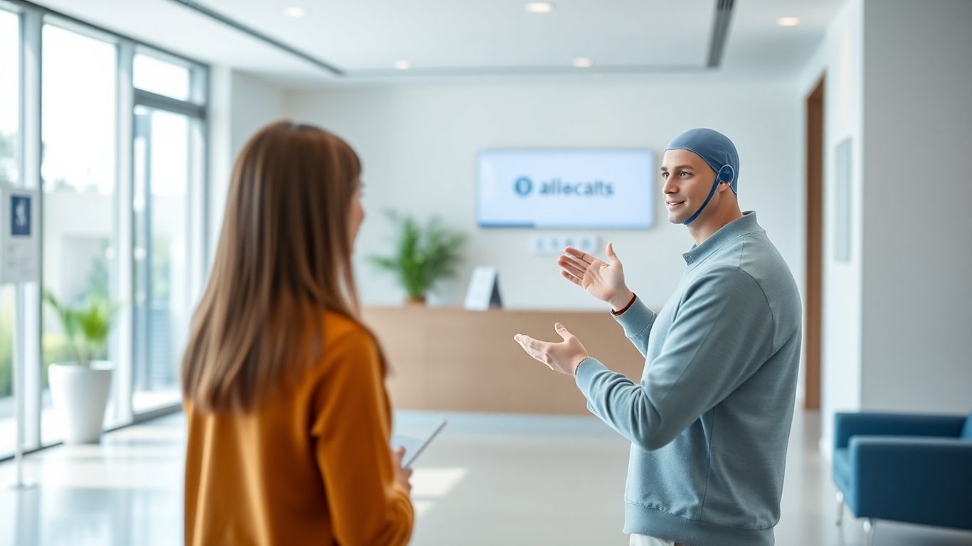 AI receptionist assisting a patient in a clinic.