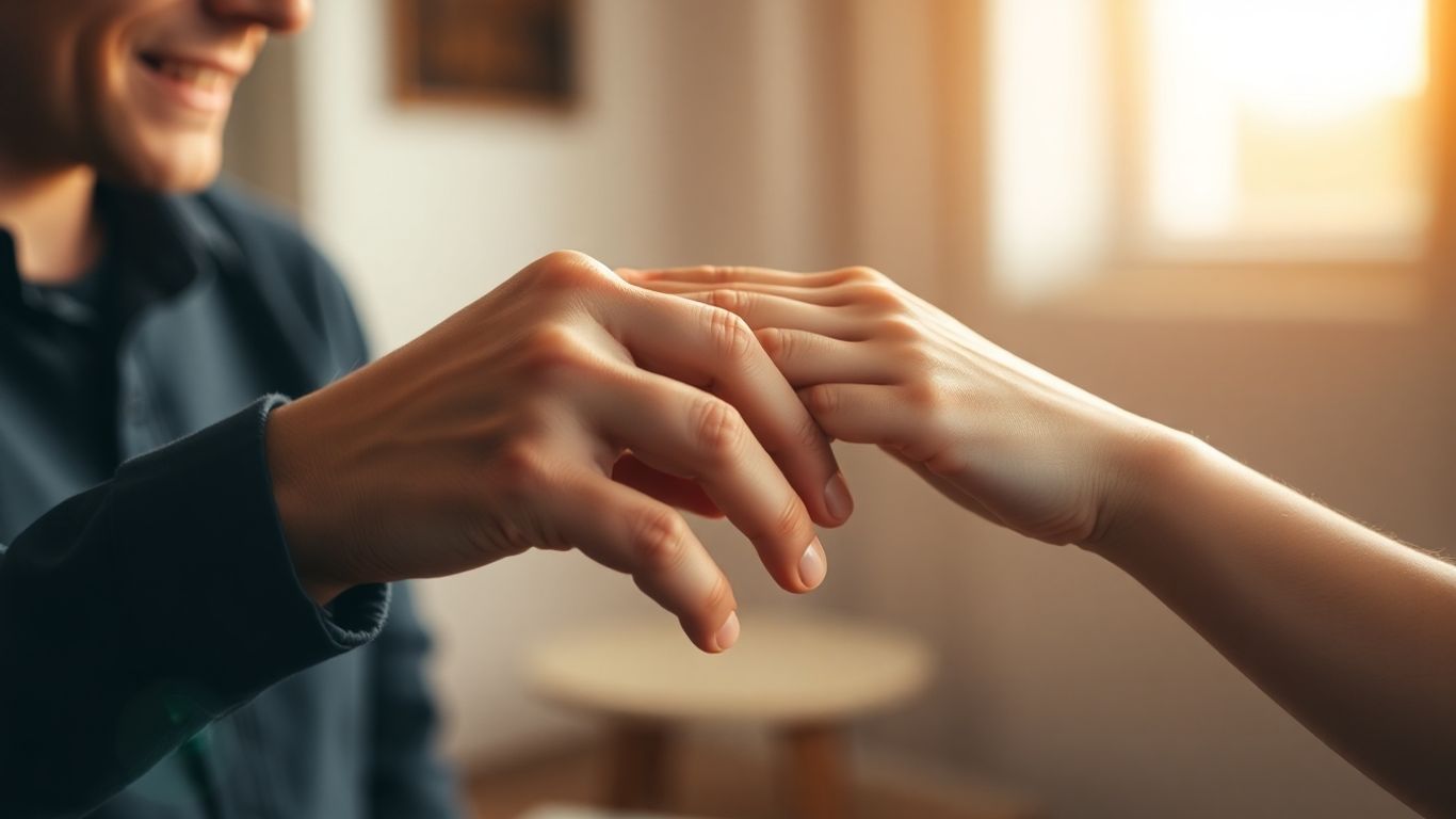 Două persoane atingându-se pe mâini, exprimând înțelegere.