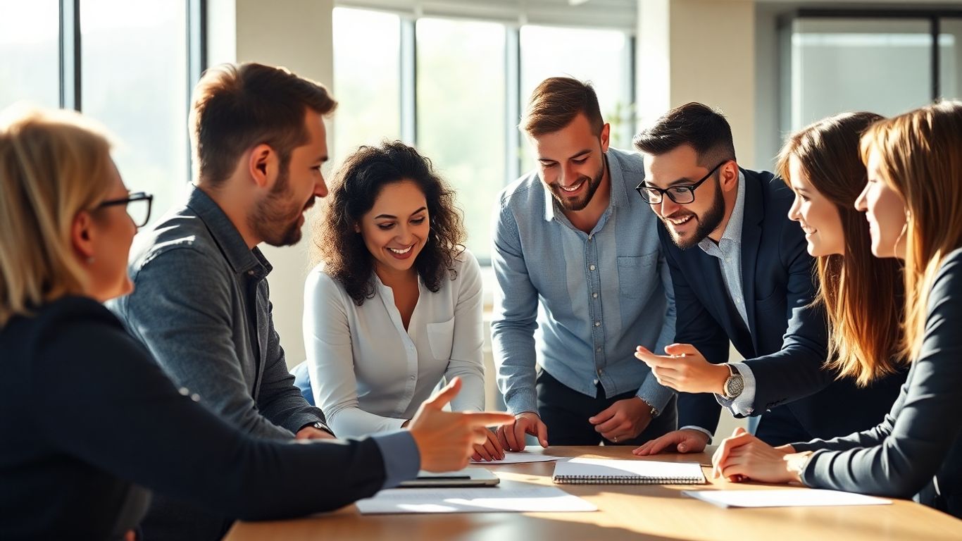 Professionals collaborating in a bright, modern office.