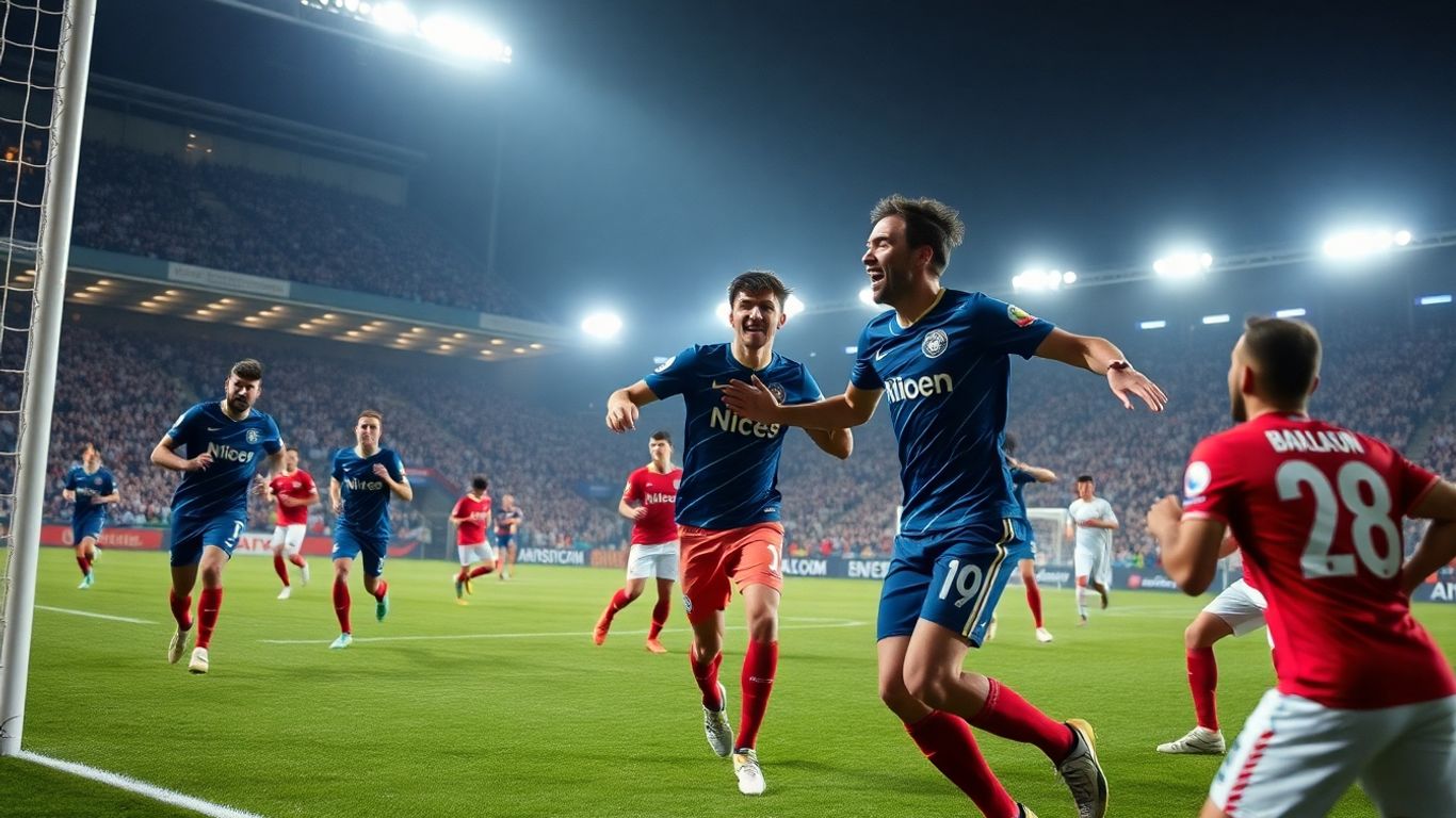 Joueurs de Nice et Lyon en action, but marqué.