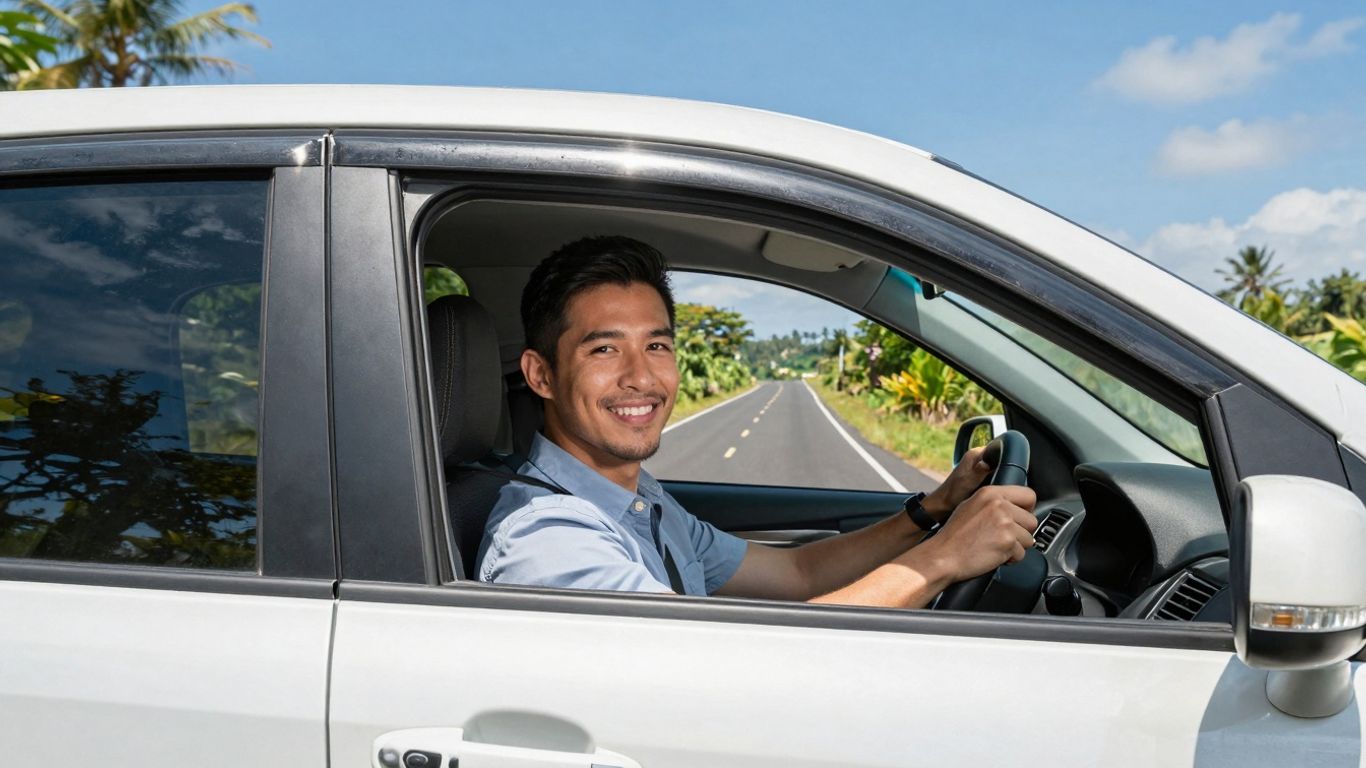 Driver in car on scenic Bali road.