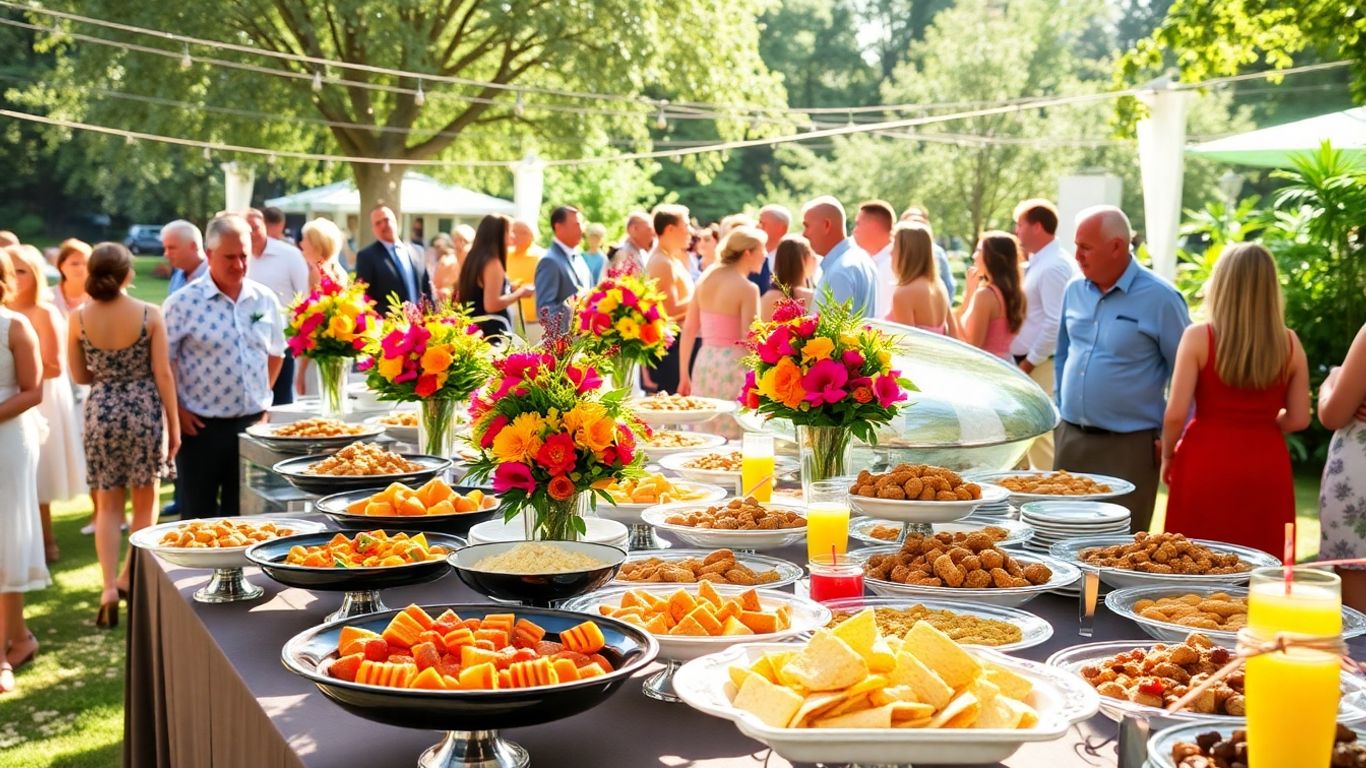 ภาพการจัดเลี้ยงนอกสถานที่สวยงาม อาหาร เครื่องดื่ม บรรยากาศดี