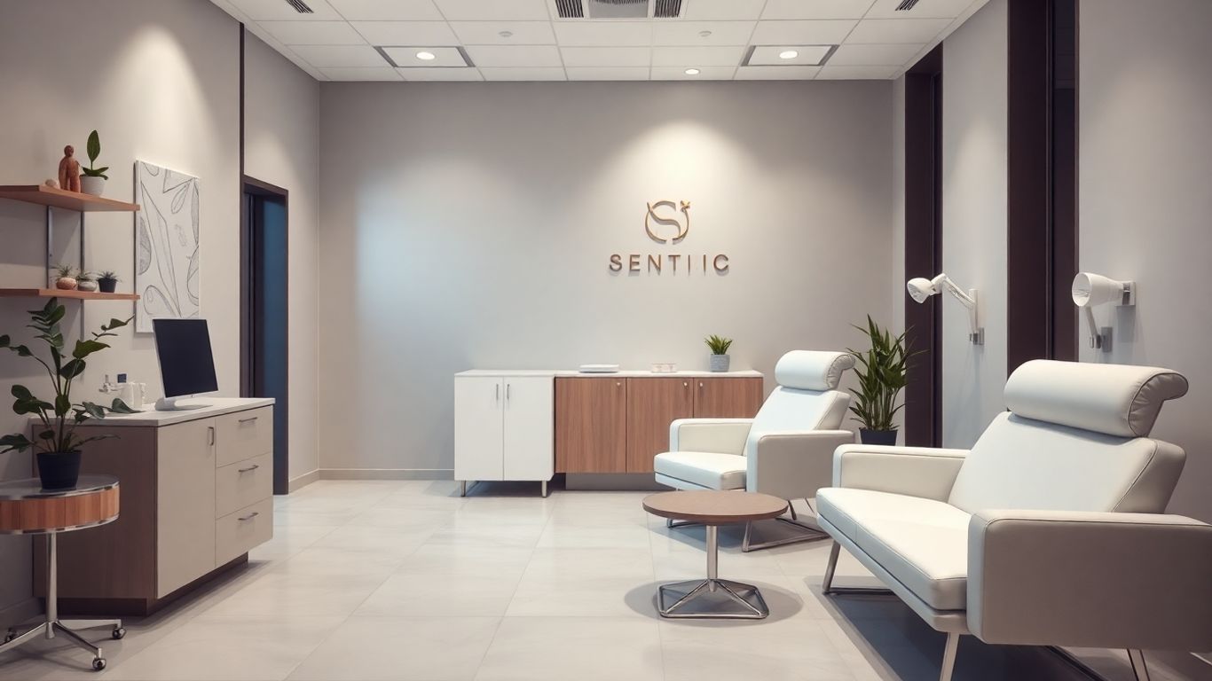 Modern aesthetic clinic interior with comfortable seating.