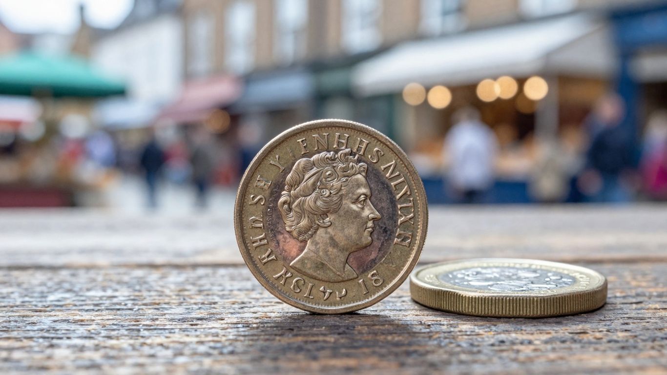 UK pound coin on a market stall counter.