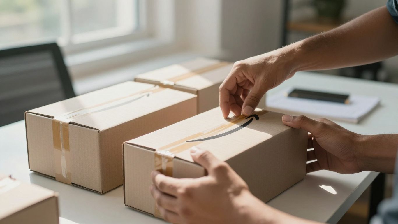 Hands arranging Amazon product boxes on a desk.