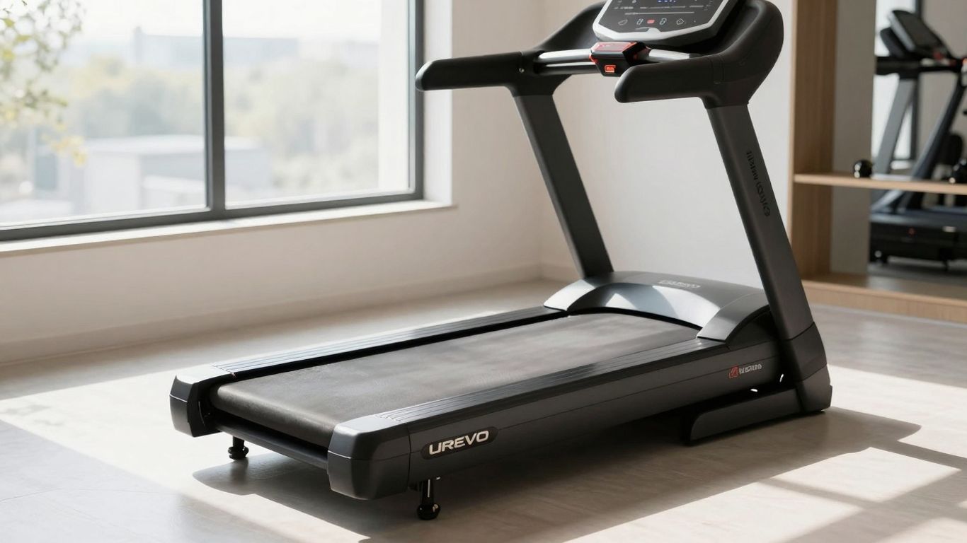 Foldable UREVO Strol 1 Pro treadmill in a home gym.