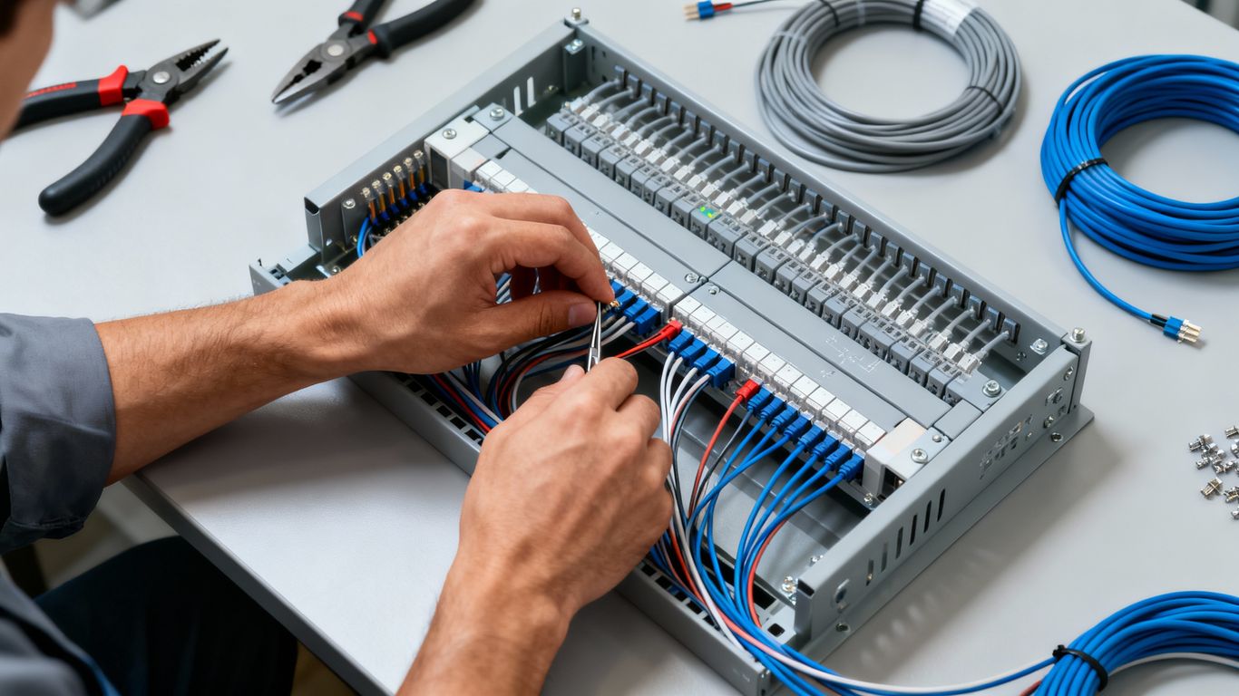 Technician installing cables in a network panel.