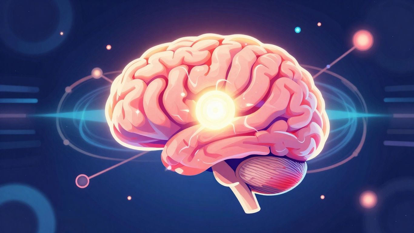 Stylized brain with glowing connections, illustrative game style.