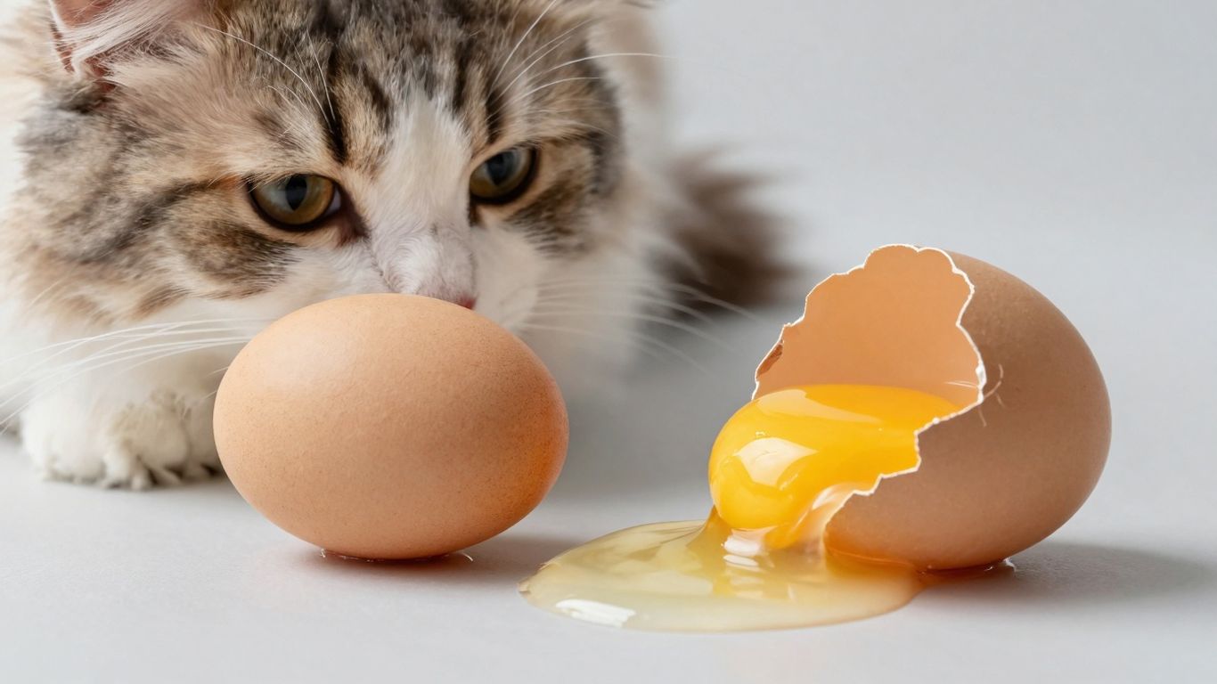 Cat looking at a cracked egg.