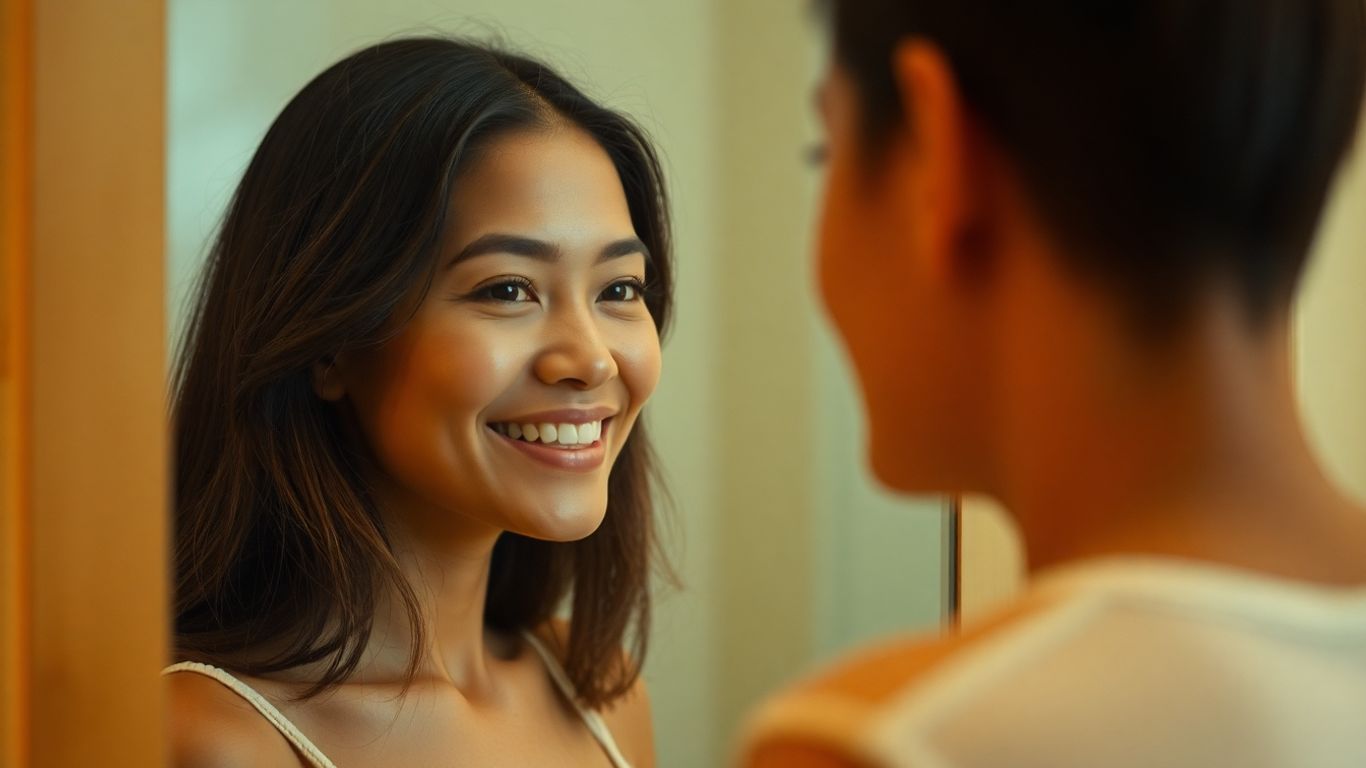 Person smiling at their reflection in a mirror.