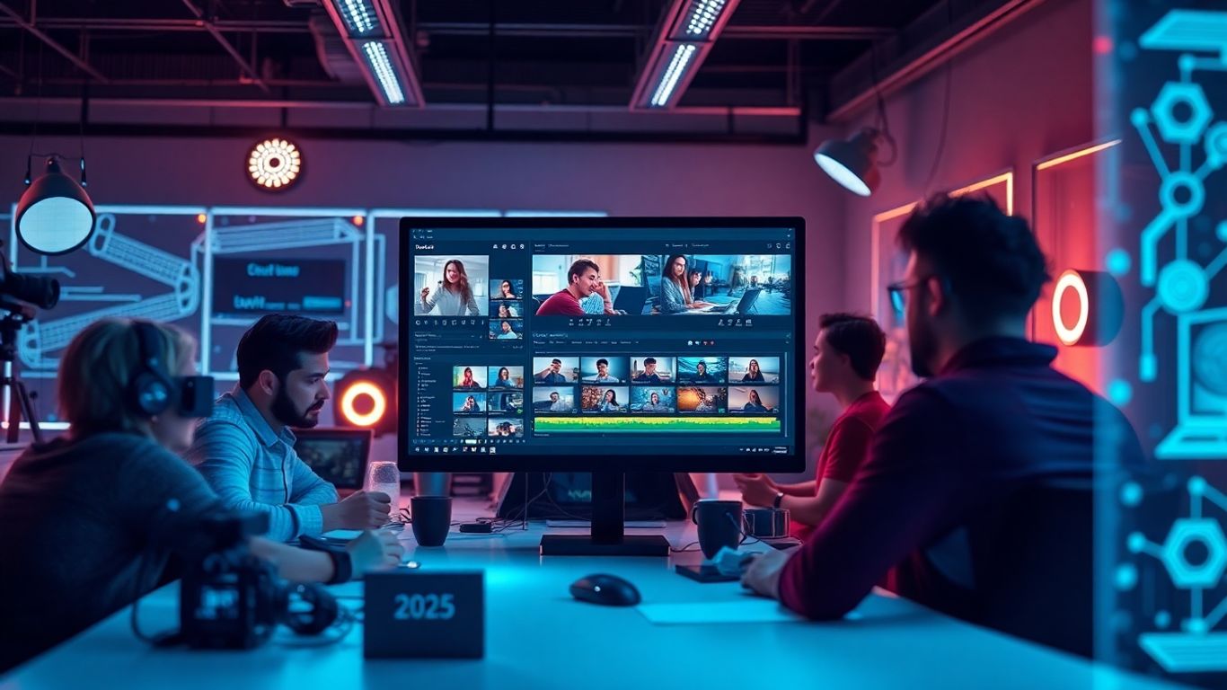 Team editing video using futuristic AI workspace