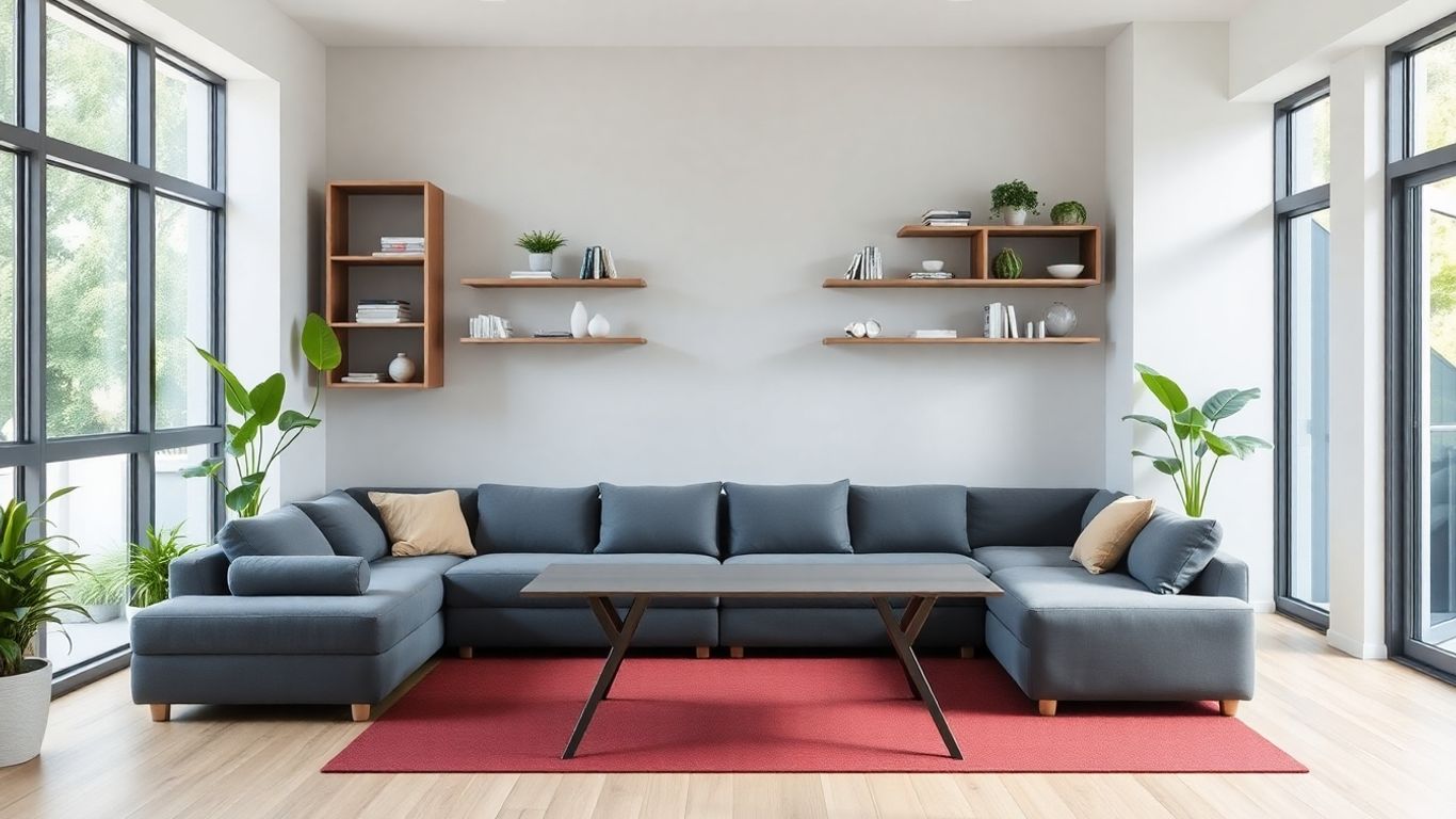 Mobilier modular modern într-o sufragerie spațioasă și luminoasă.