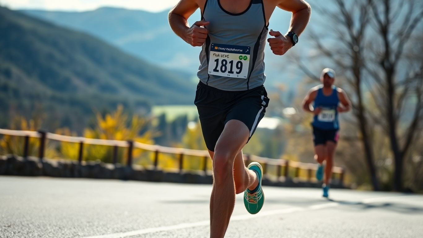 Runner maintaining marathon pace on a scenic course.
