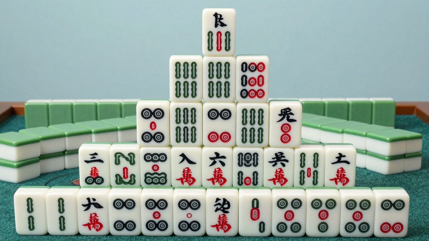 Mahjongg tiles arranged in a pyramid, game illustration.