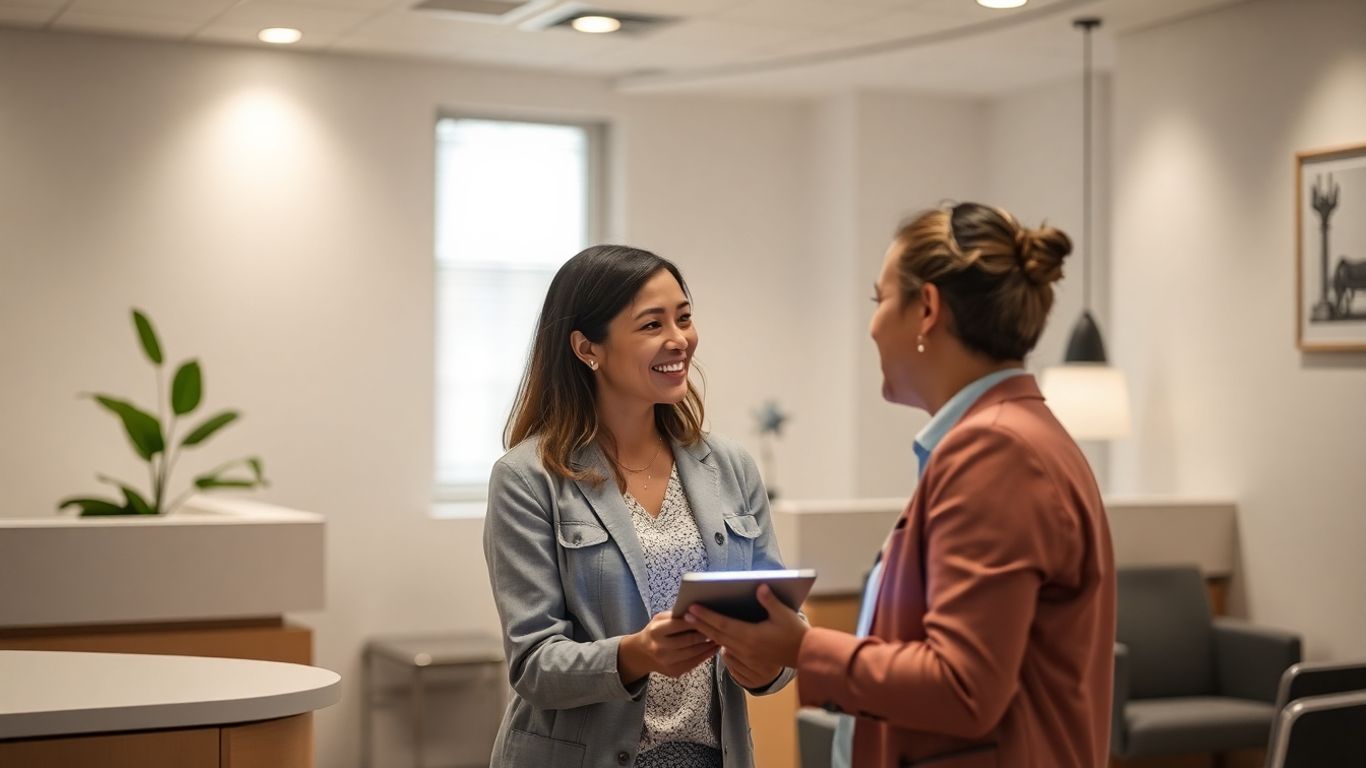 Clinic staff member communicating with a patient.