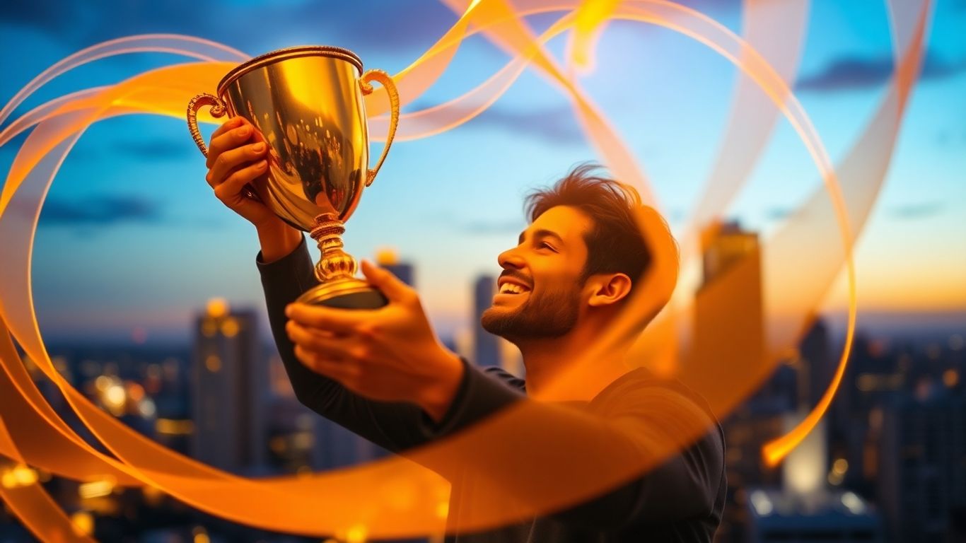 Triumphant person holding a golden trophy, abstract ribbons, blurred cityscape.