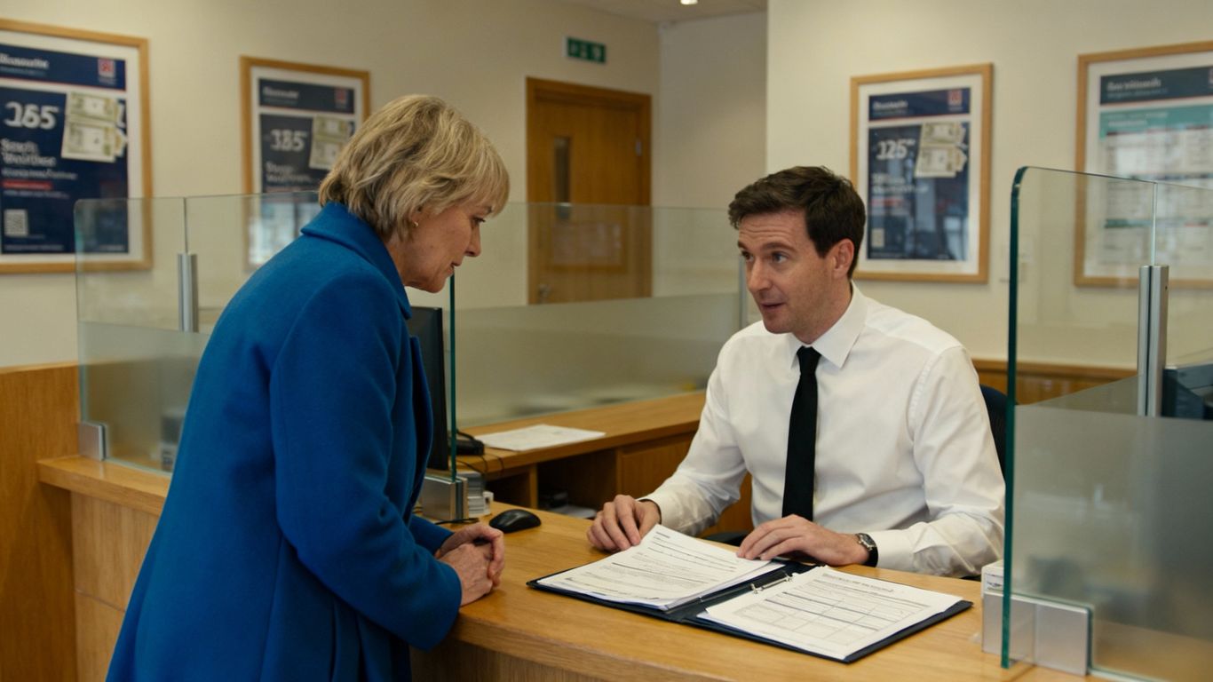 UK bank branch with customer and employee discussing documents.