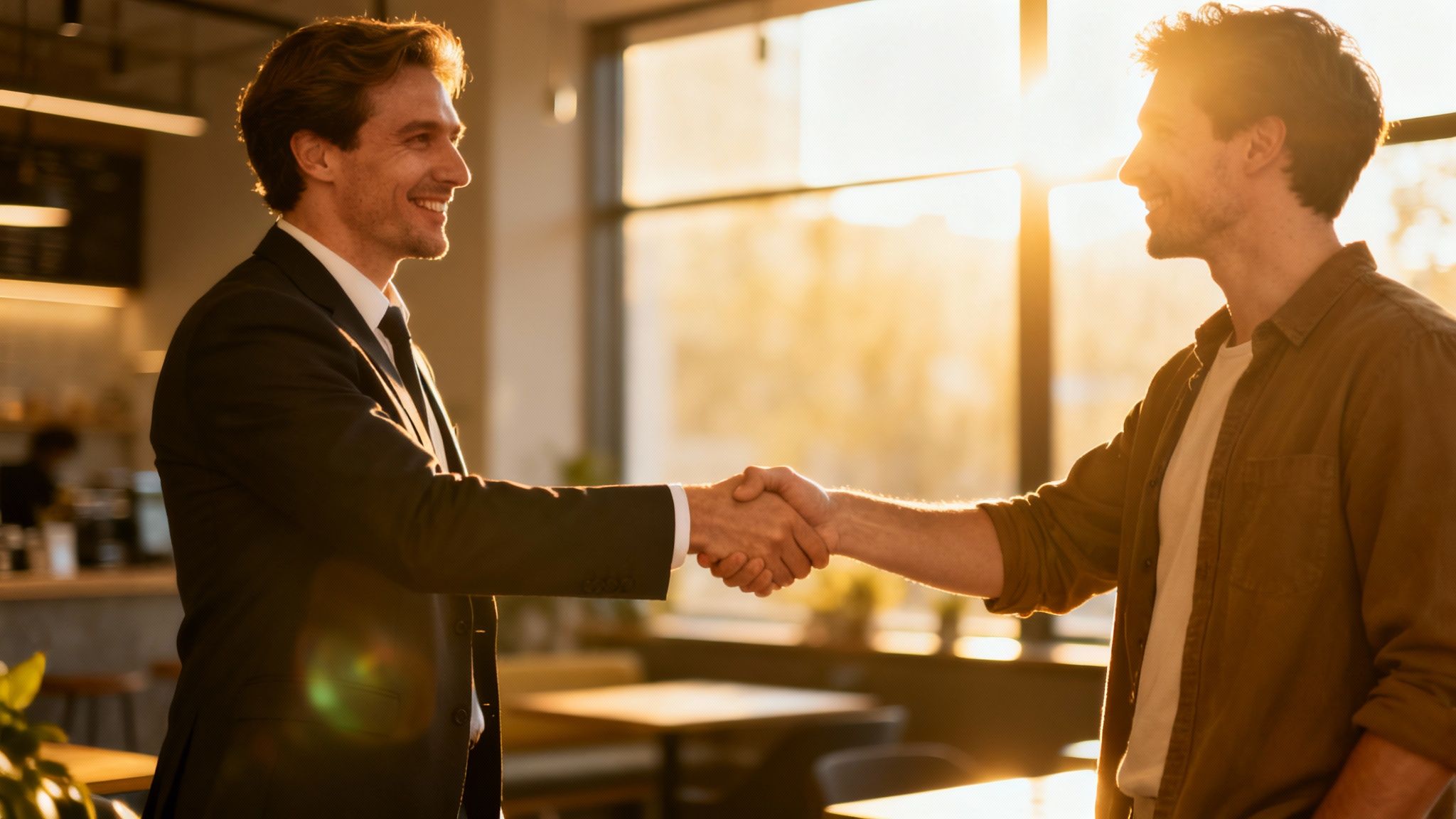 Business professionals shaking hands, symbolizing strategic partnerships.