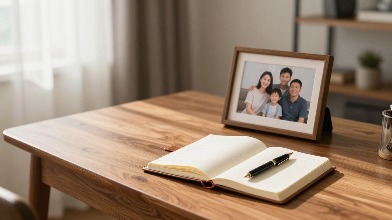 Desk with journal, pen, and family photo.