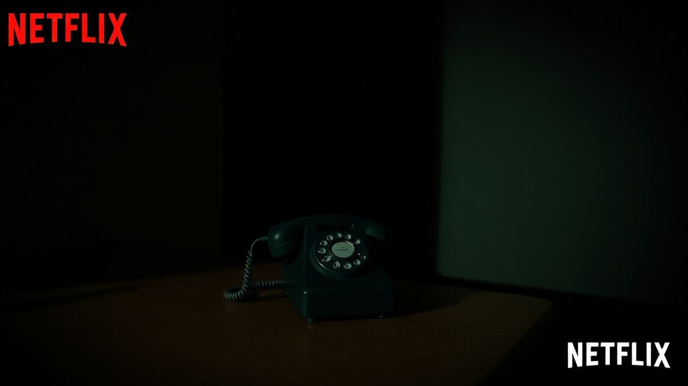 Telefone antigo tocando em cena de suspense.