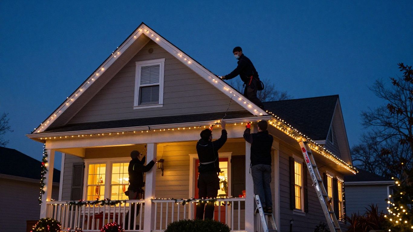 Christmas lights installation on a house in Shiloh.