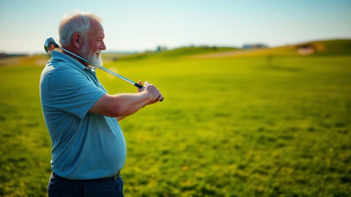 Senior golfer swinging a golf club on a sunny course.