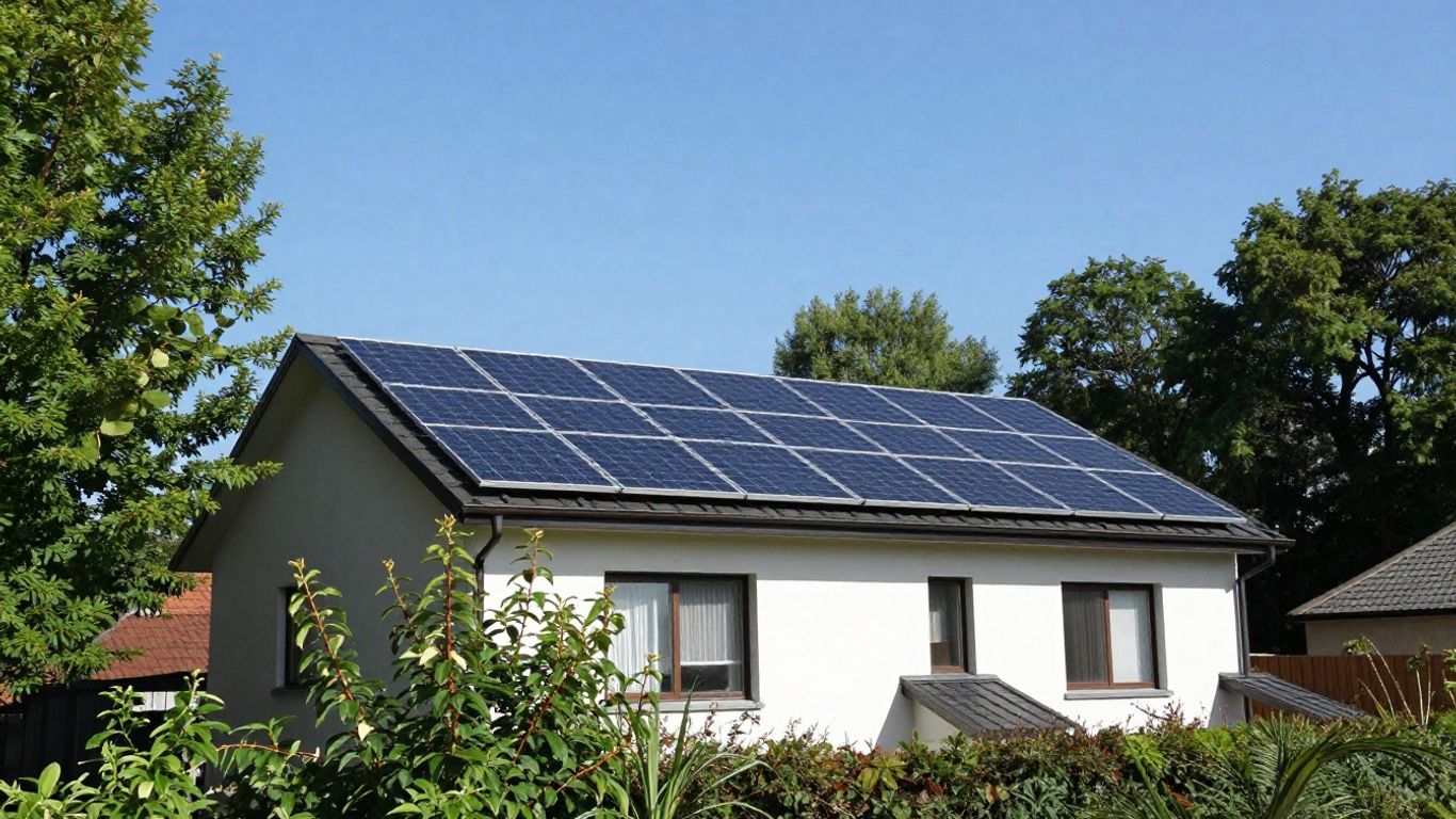 Maison avec panneaux solaires sous un ciel bleu.