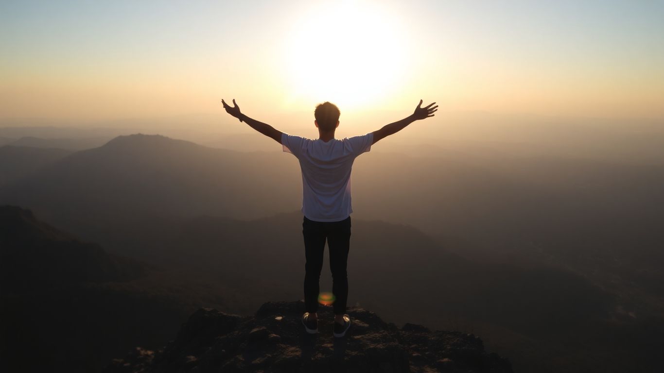 Person on mountaintop at sunrise, arms outstretched.