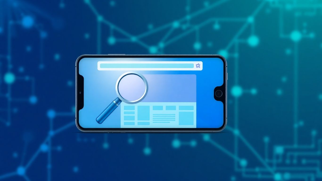 Smartphone with website and magnifying glass icon.