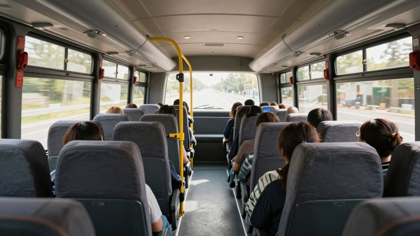Int&eacute;rieur de bus confortable avec des si&egrave;ges moelleux et des fen&ecirc;tres.