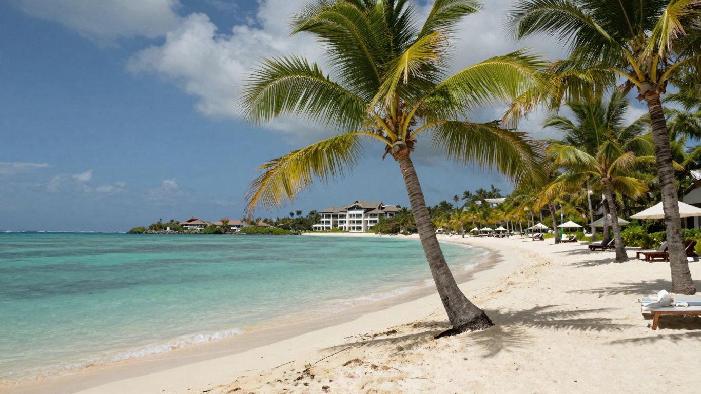 Plaża tropikalna z palmami i turkusową wodą.