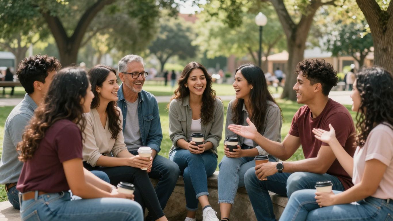 Oameni zâmbind și interacționând într-un parc însorit.