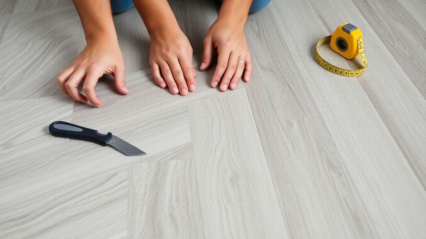 Instalação de piso vinílico com ferramentas e réguas.