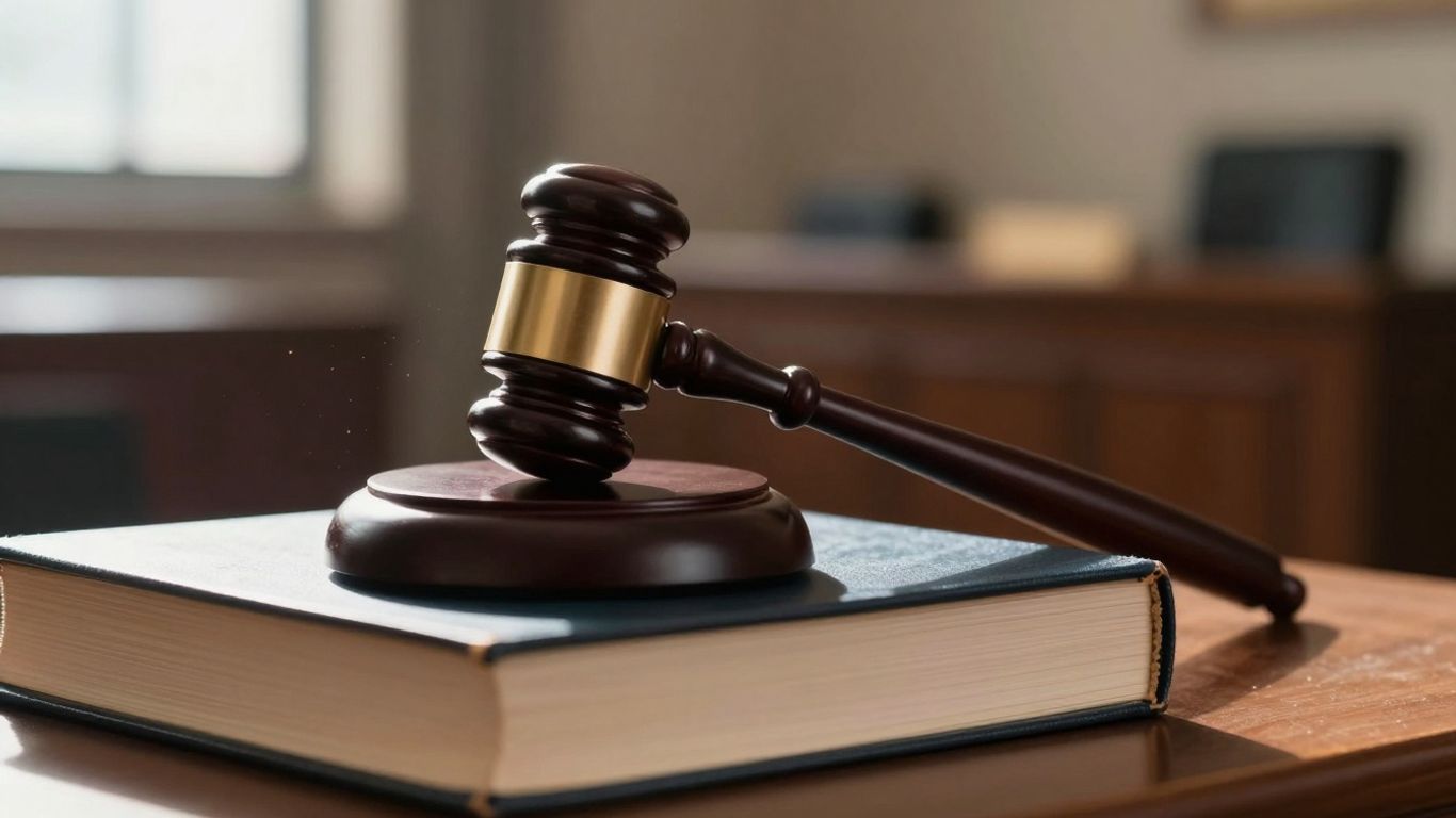 Gavel on legal books in a courtroom.