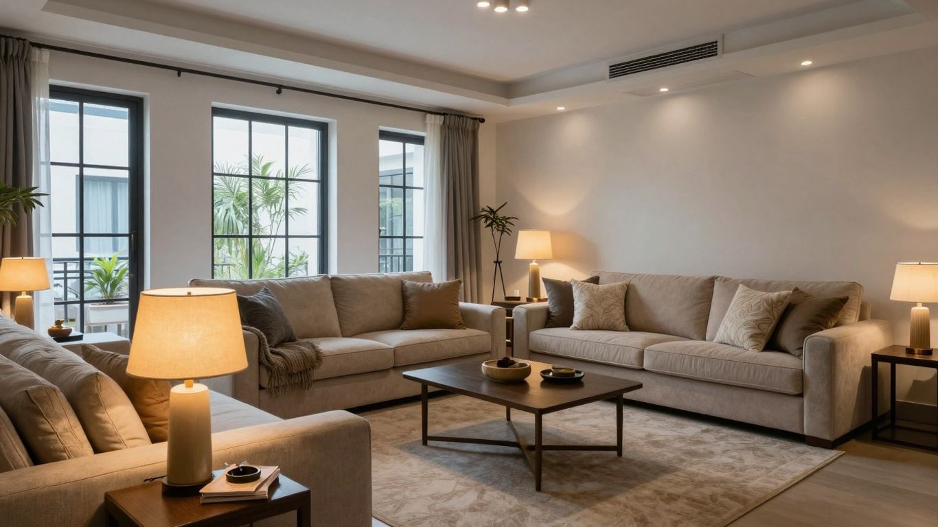 Warm ambient light illuminating a stylish living room interior.