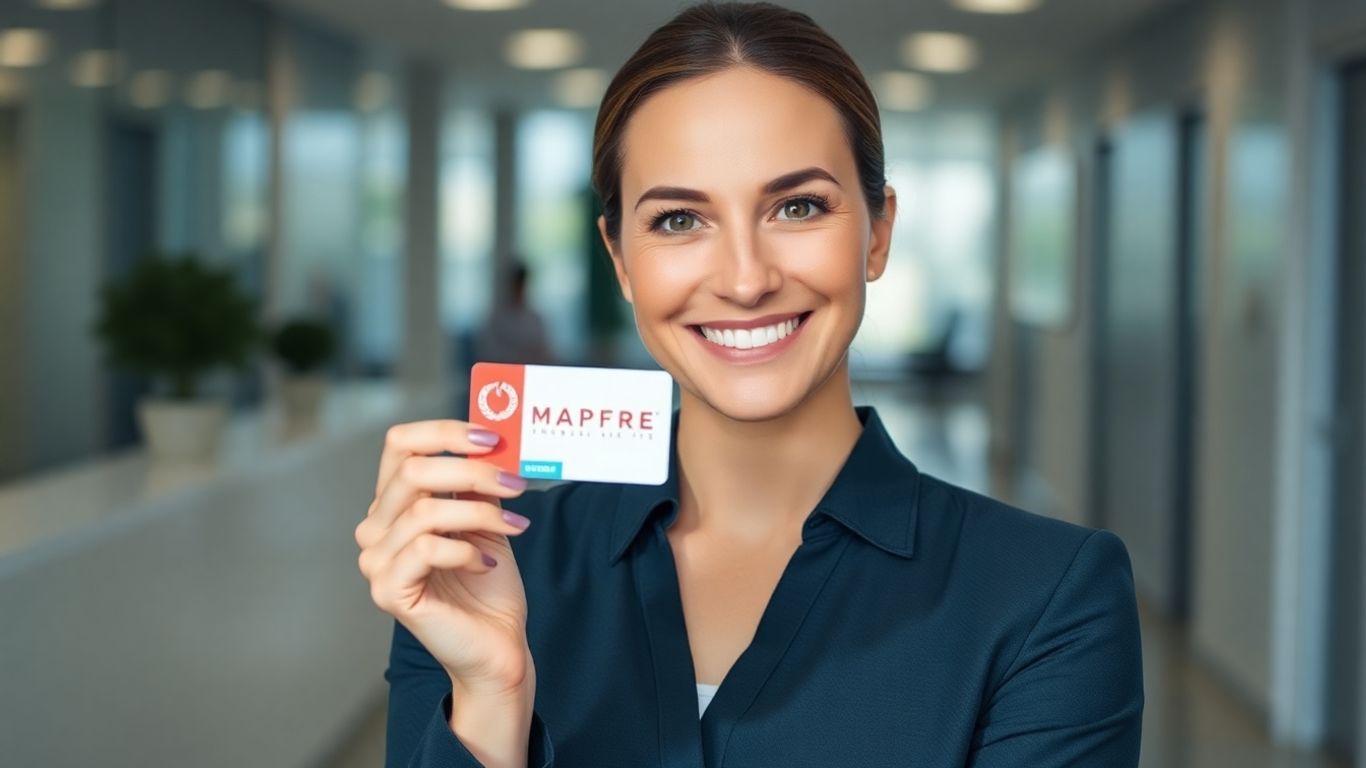 Mujer sonriendo con tarjeta de seguro MAPFRE.