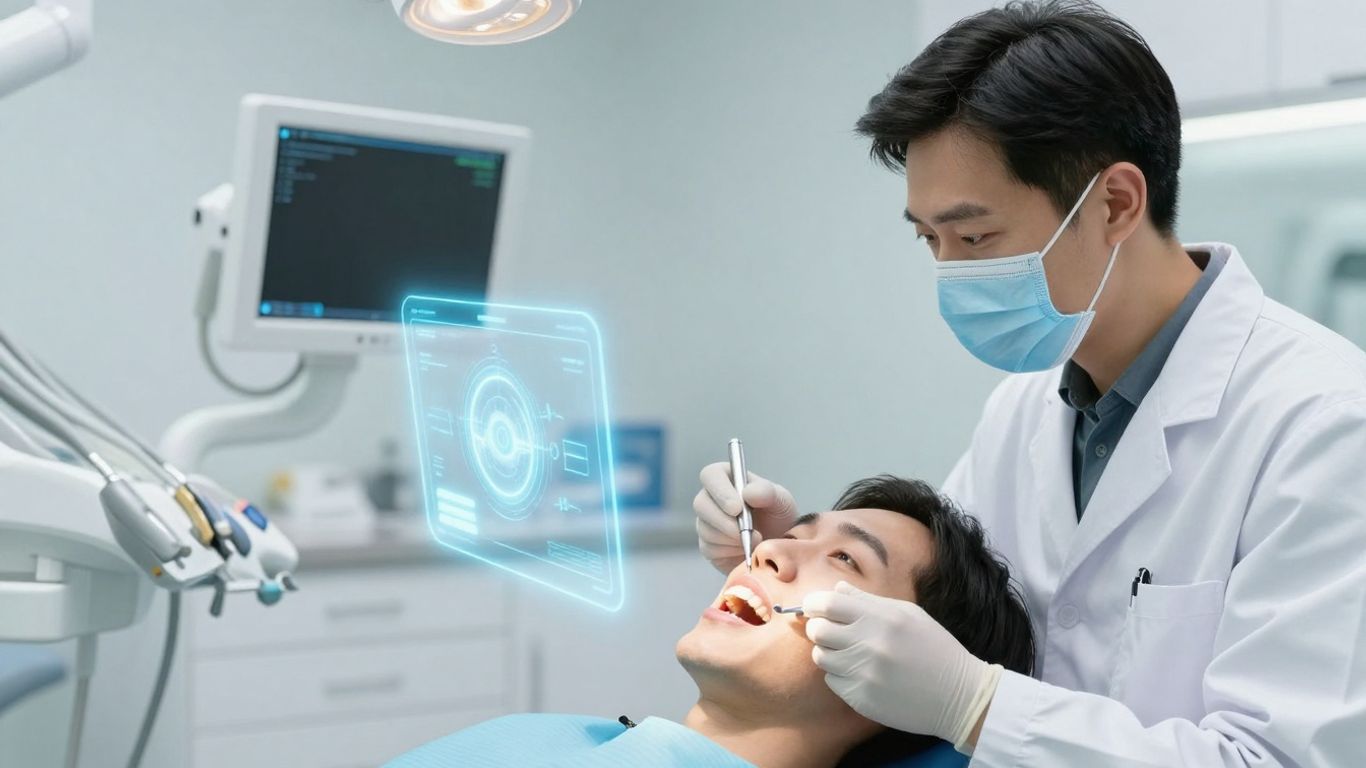 Dentist using AI technology in a modern dental clinic.