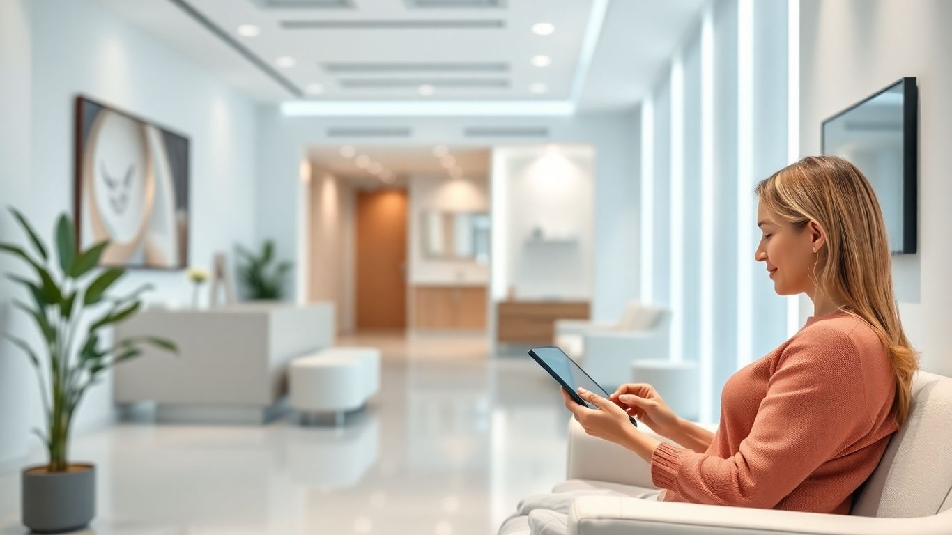 Patient using tablet in a modern clinic reception.