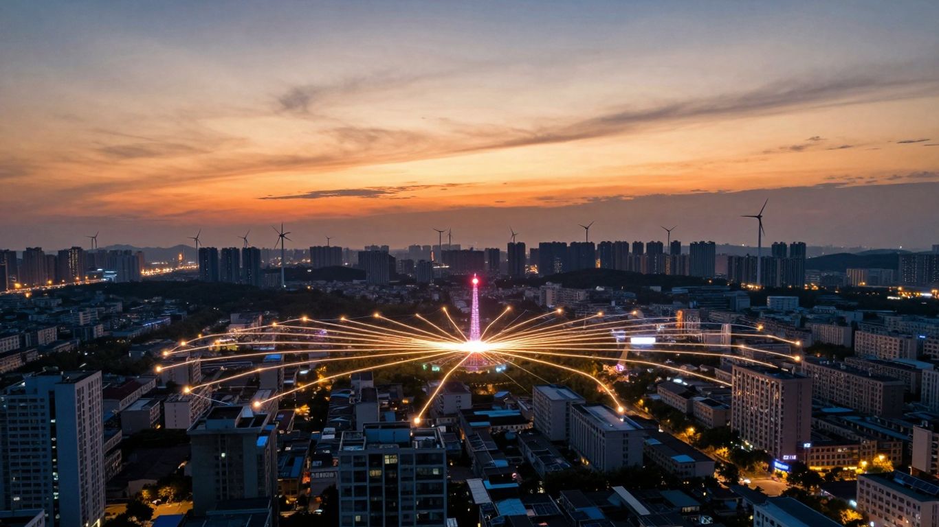 Cityscape with distributed energy connections and renewable sources.
