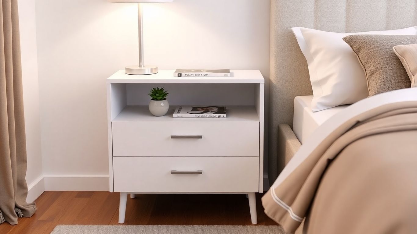Furnulem 3-drawer nightstand with shelf next to bed.