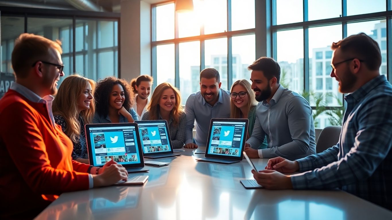 Equipo trabajando en redes sociales para negocio local.
